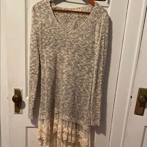 Gray Knit Sweater with Lace Hem